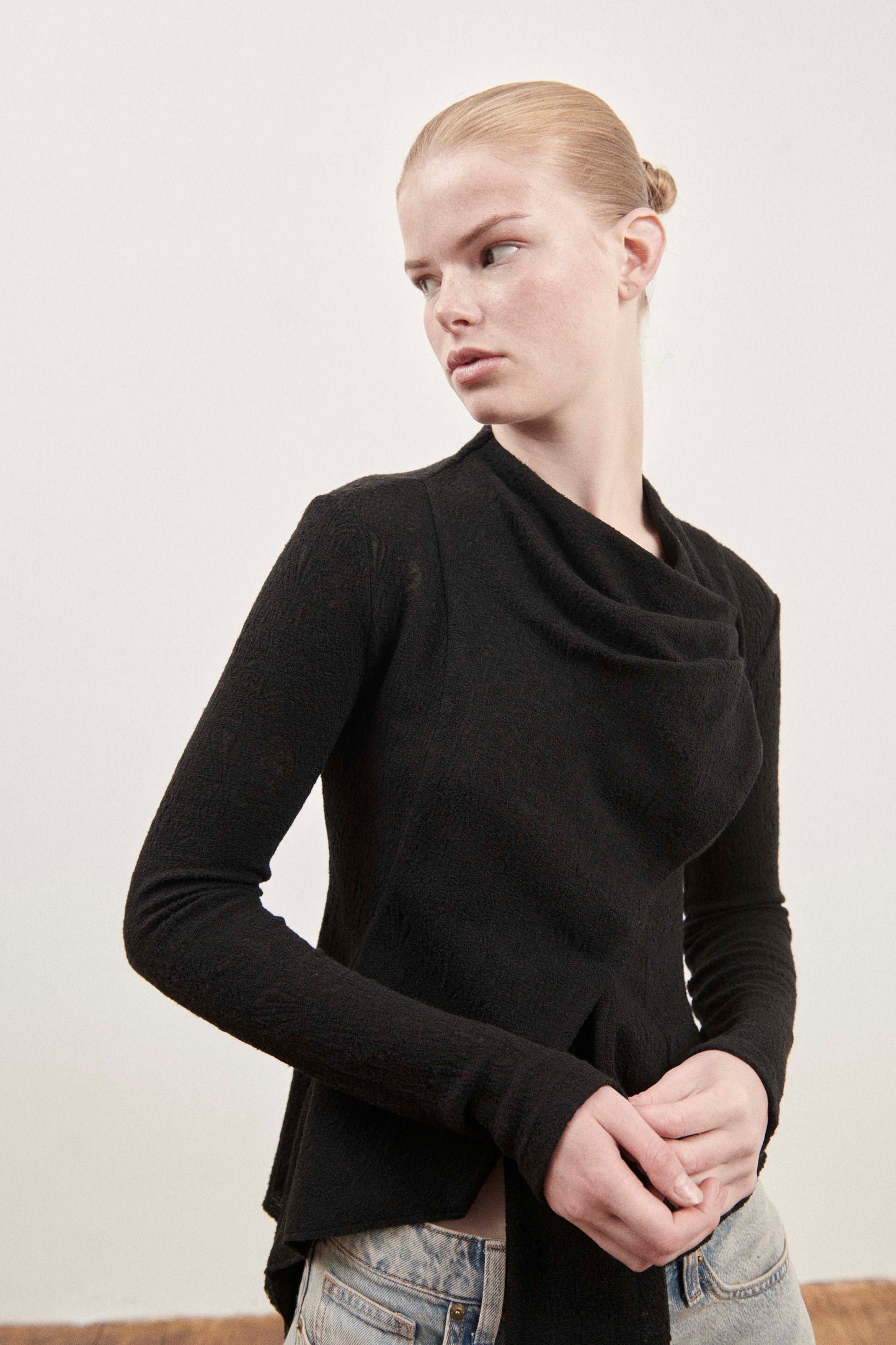 Black Textured Long Sleeve Top