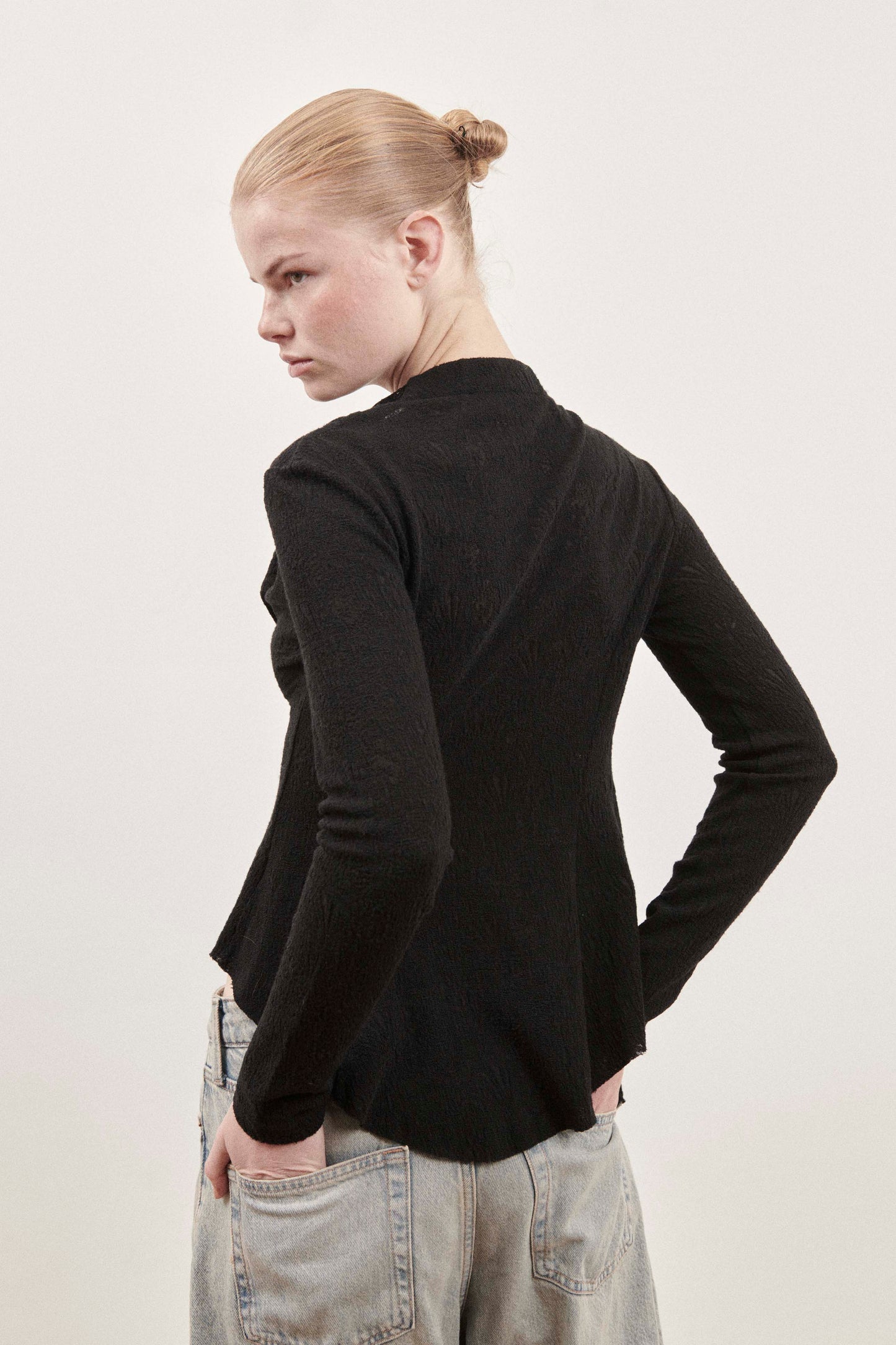 Black Textured Long Sleeve Top