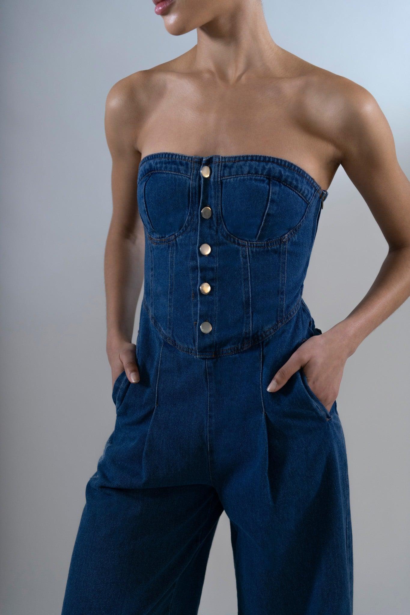 Denim Wide-Leg Jumpsuit in Cotton - Tutussie