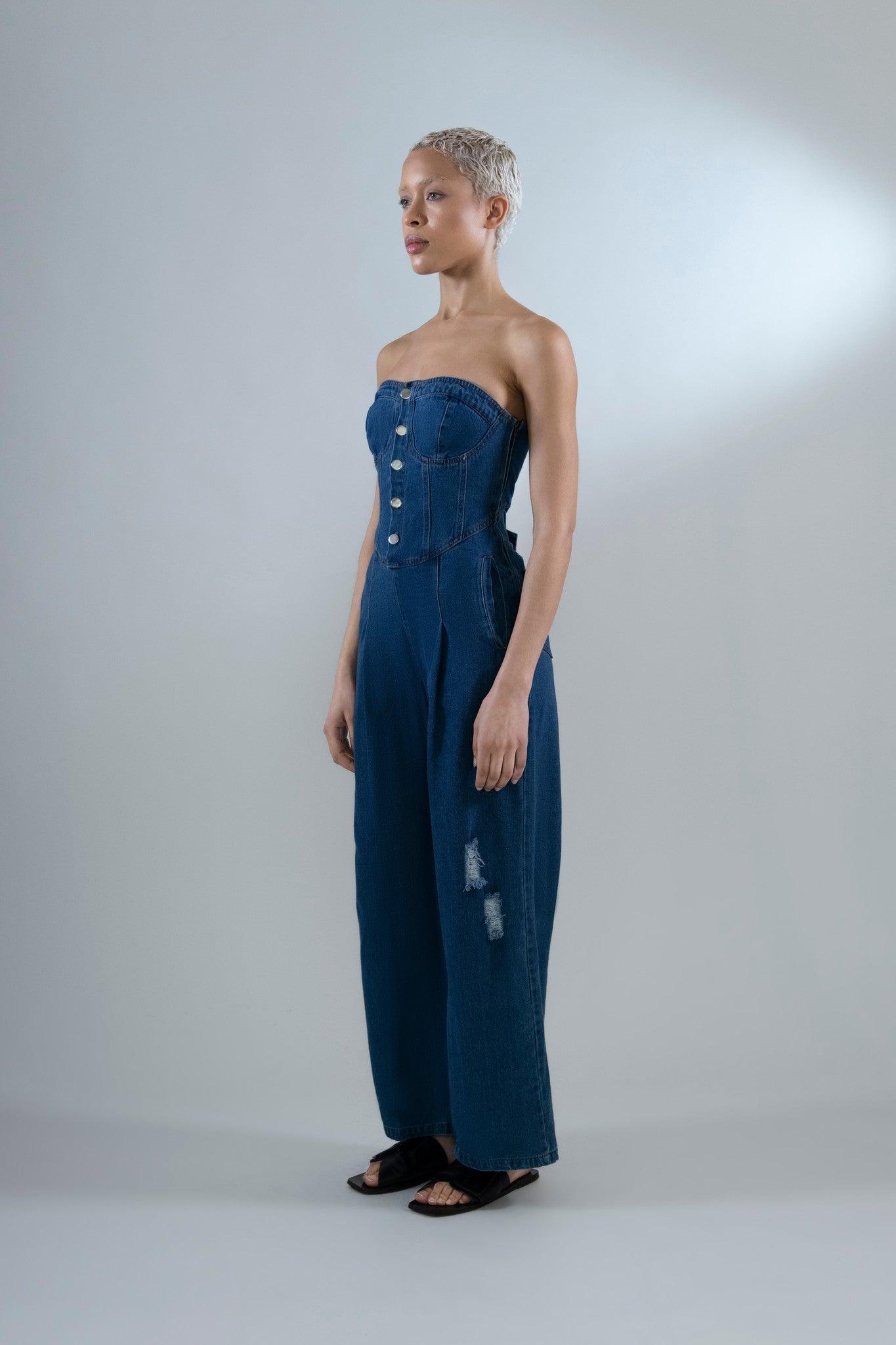 Denim Wide-Leg Jumpsuit in Cotton - Tutussie